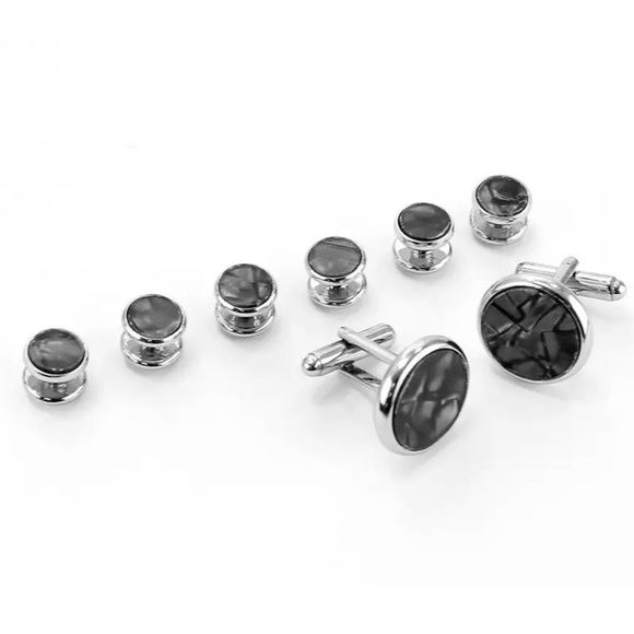 Black Mother of Pearl Cufflinks Tuxedo Studs Formal 8 Pcs Set - Picture 2 of 16
